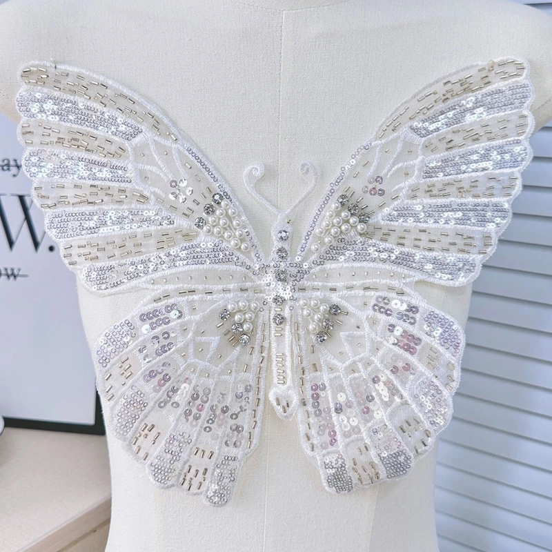 White mesh embroidery beaded butterfly patch dress clothing DIY decorative patch accessories