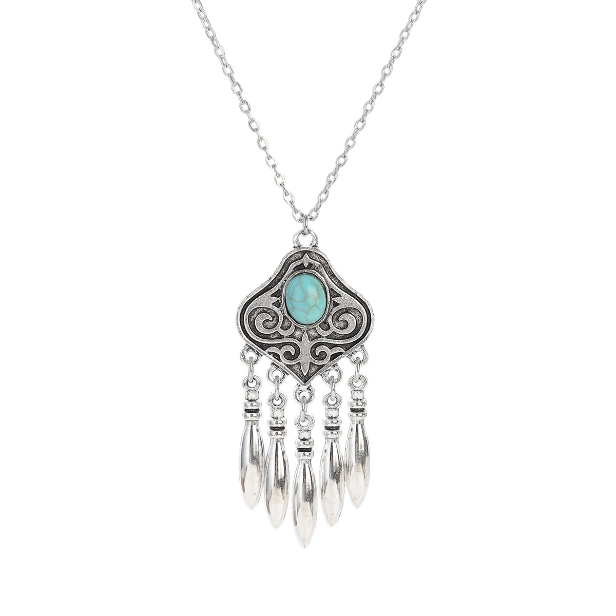 2023 Indian Jewelry Set Ethnic Silver Plated Geometric Carved Tassel Earring Necklace Women\'s Blue Turquoises Chain Jewelry