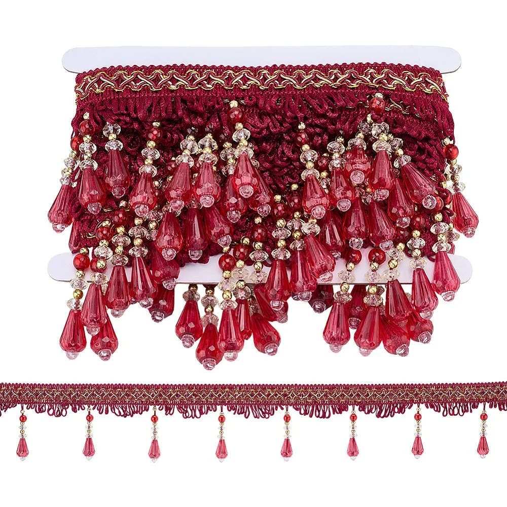 

6 Yards Curtain Plastic Beaded Fringe Trim Polyester Tassel Embellishments Dark Red 3-3/4 inch(95mm)
