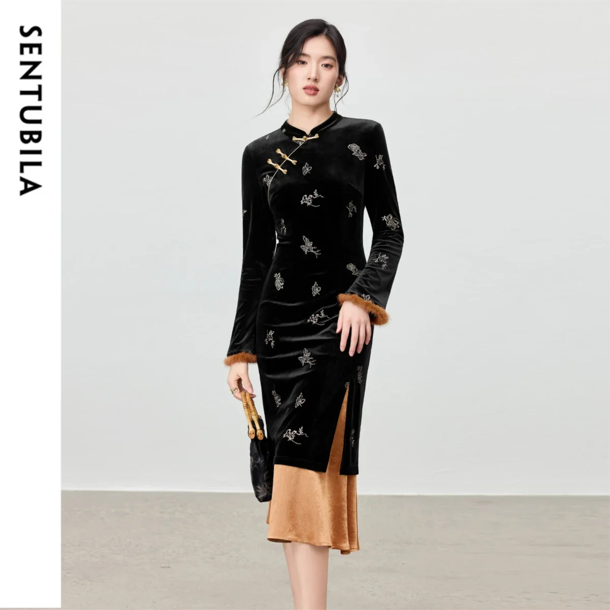 SENTUBILA Elegant Chinese Style Dresses for Woman Stand Neck Contrasting Color Dress Long Sleeve Fake Two-Piece Dress Q54LV3705
