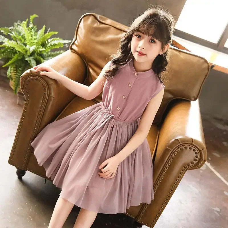 2025 Girls Summer New Princess Vest Dress Childrens Girls Dresses for School Big Child Brief Fashion Mesh Dress Kids Clothes 12Y