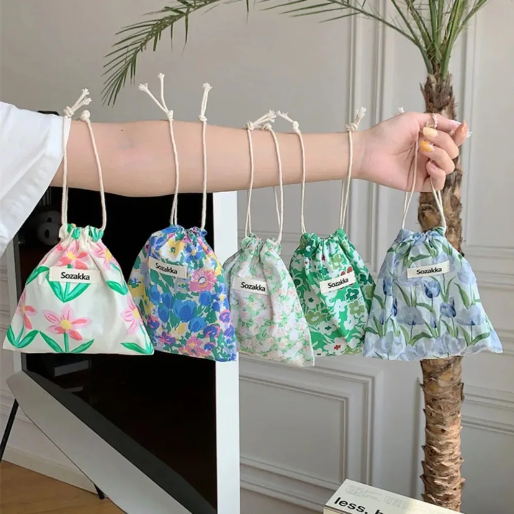 Flower Fabric Drawstring Storage Bag Woman Mini Portable Cosmetic Pouch Small Coin Purse Travel Organizer Hand Accessories Bag