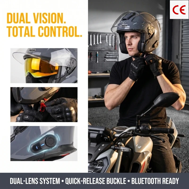 

SM523 Open Face Helmet Double Visors Lens Motorcycle Helmets Accessories Motorbike Scooter Riding Casco Capacete DOT Approved
