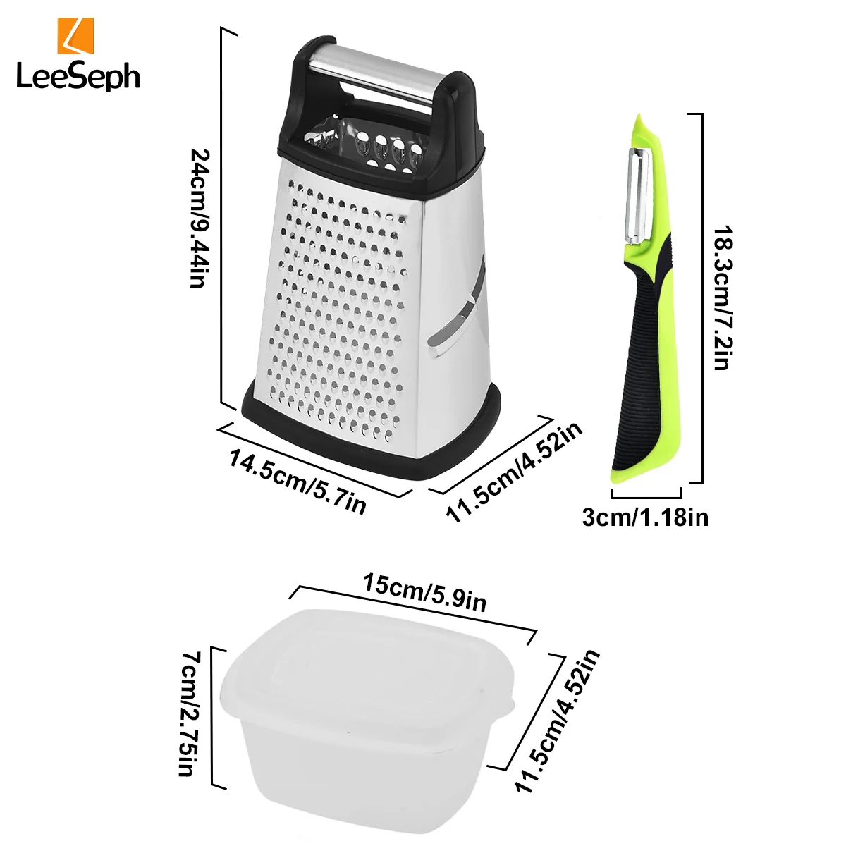 Leeseph Stainless Steel Cheese Grater with Storage Container & Vegetable Peeler Set, Food Shredder for Cheese, Vegetable, Fruit