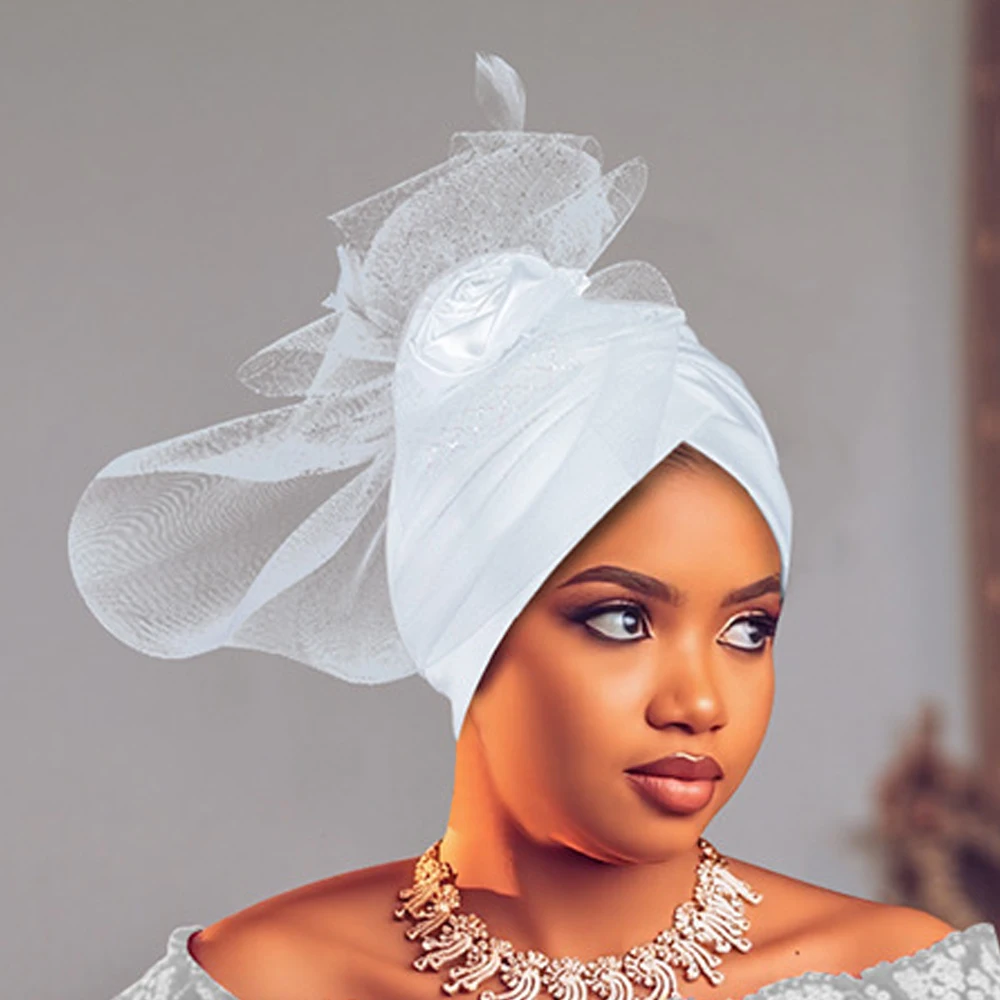 African Auto Gele Headtie Muslim Women Mesh Feather Hat Turban Cap Wedding Party Headscarf Bonnet Hijab Nigeria Geles Head Wrap
