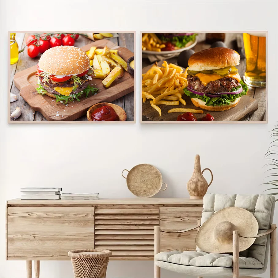 Frameless Canvas Print Burger Fast Food Wall Art Hamburger French Fries Beer Picture Home Decor Poster
