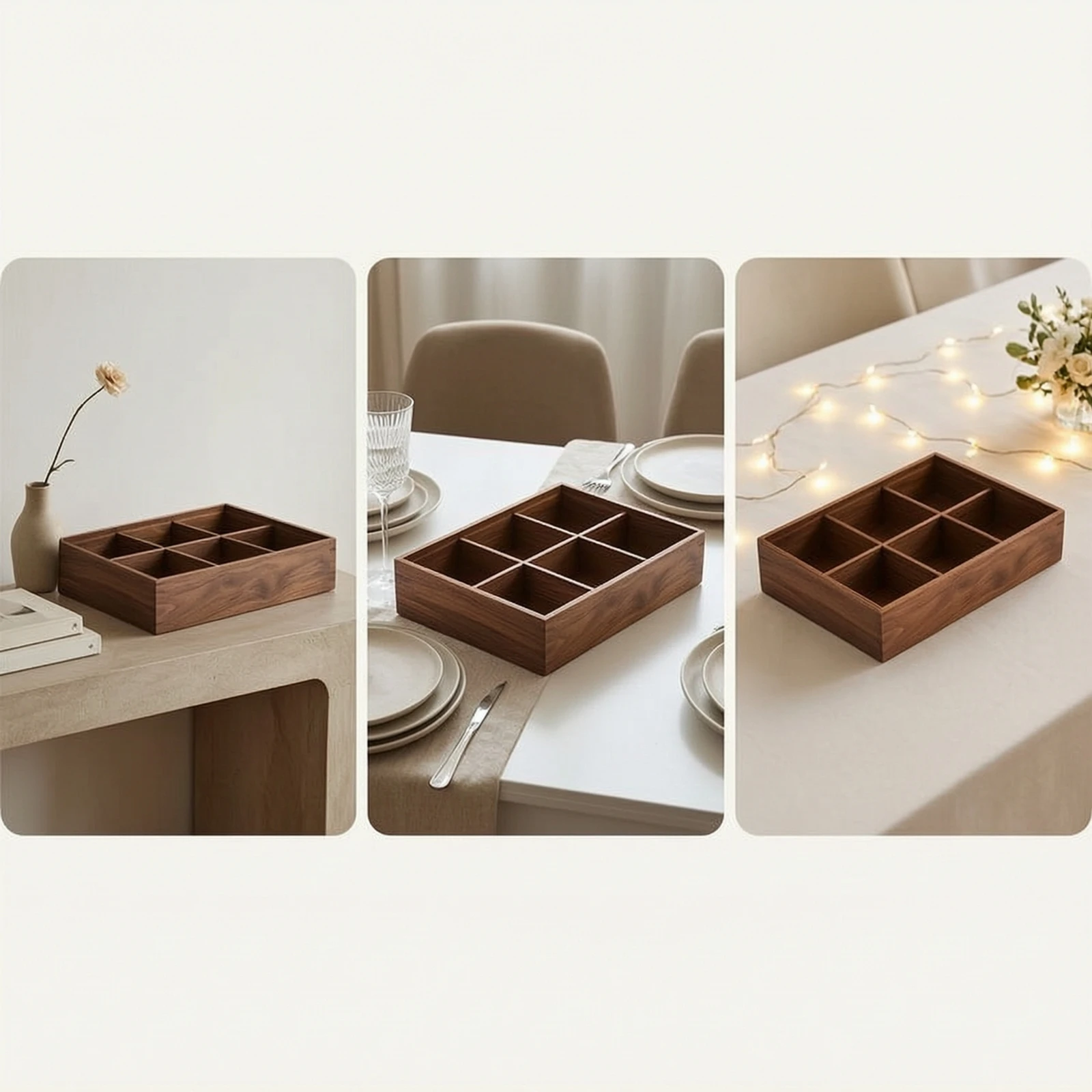 Wooden Storage Divider Box Black Walnut Multi-Compartment Wooden Tray Divided Organizer Decorative Compartment Tray Slim