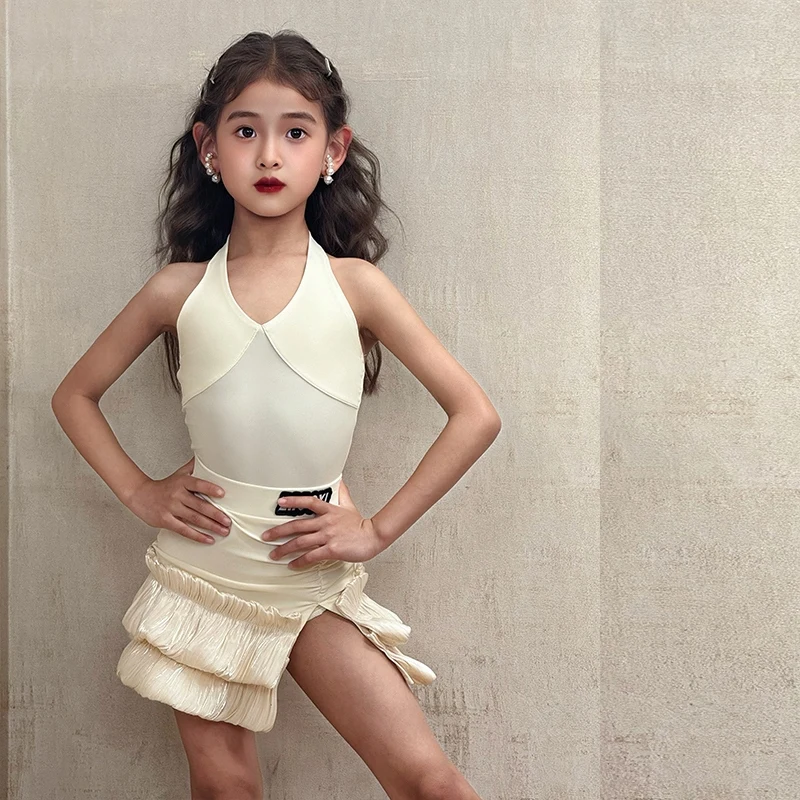 

2025 Kids Latin Dance Clothes Halter Neck Tops Slit Skirt Girls Sleeveless Practice Dress Summer Latin Performance Wear DNV23966