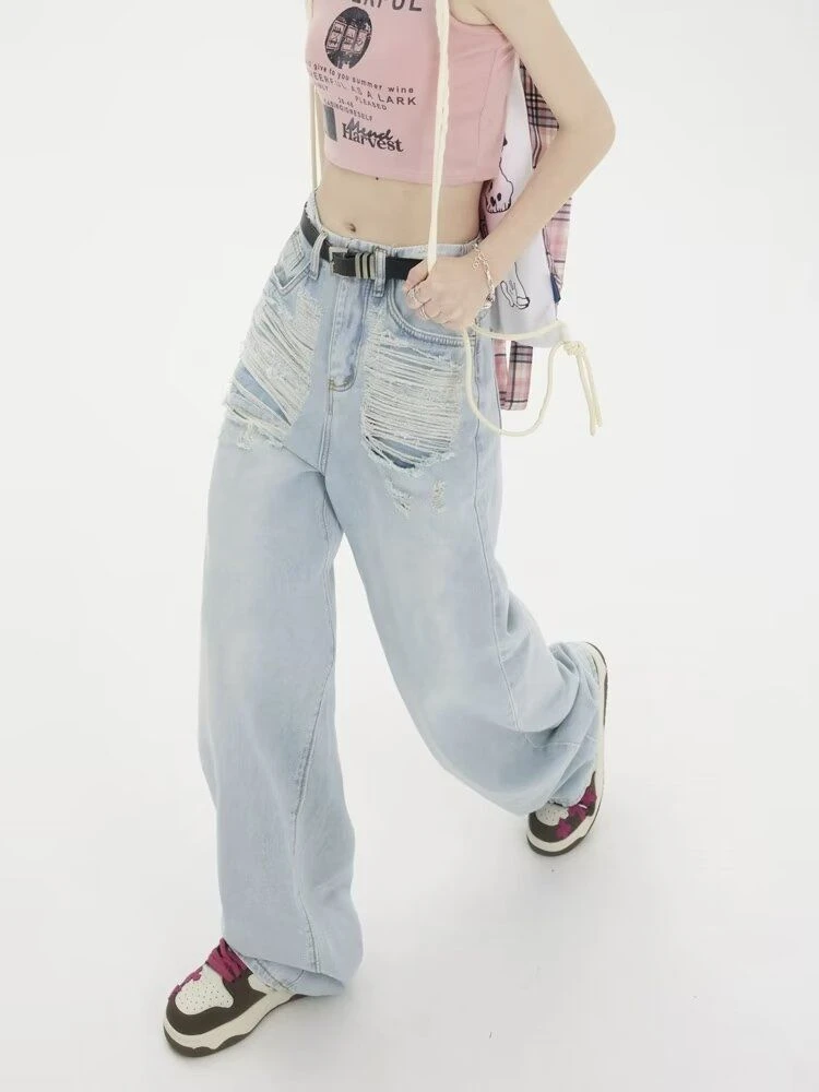 

Women's Tassel Hole Straight Blue Denim Pants Cool Girl Trousers Daily Outfit Vintage Bottoms Female High Waist Wide-leg Jeans
