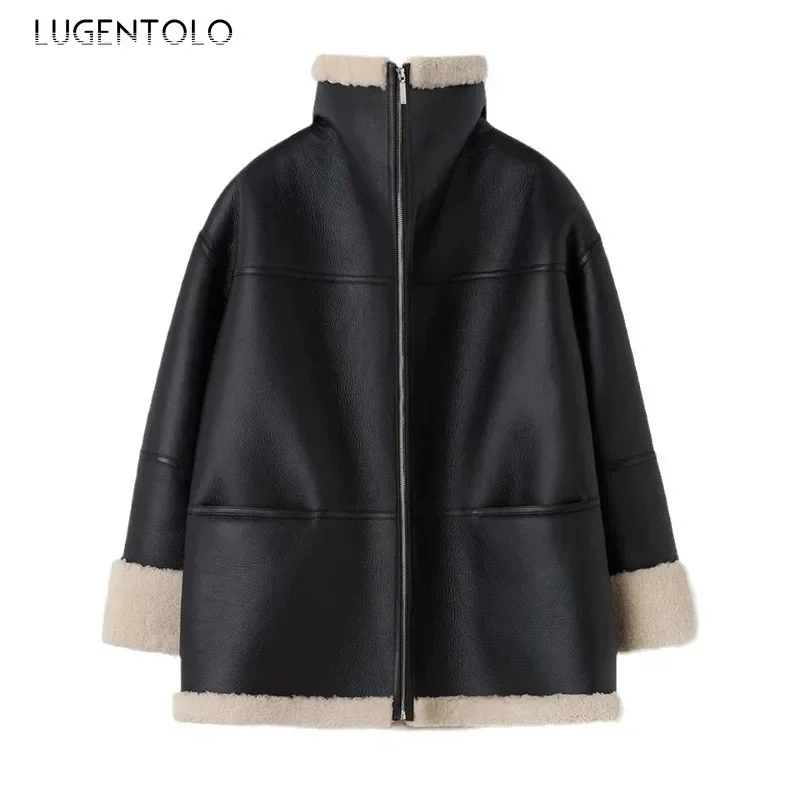 Women Plush Faux Leather New Loose Warm Autumn Winter Zipper Coat Female Casual Fashion Pocket Street Thickened Clothing