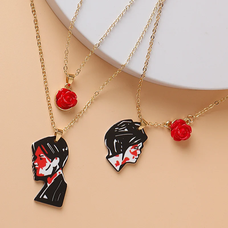 Rock Band Fashion Rose Flower Couple Necklace Band MCR Woman and Men Asymmetrical Face Necklace Valentine\'s Day gift