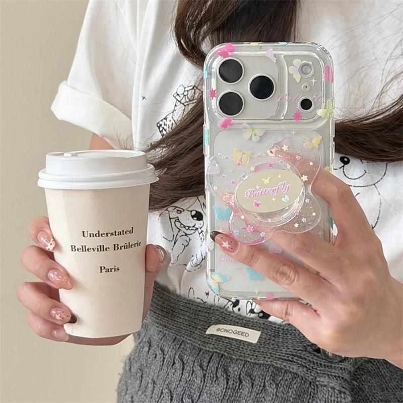 Shockproof Clear Phone Case For iPhone 14 15 16 17 Pro Max Colorful Butterfly Glitter With Pop Socket Large Window Fairy Cover