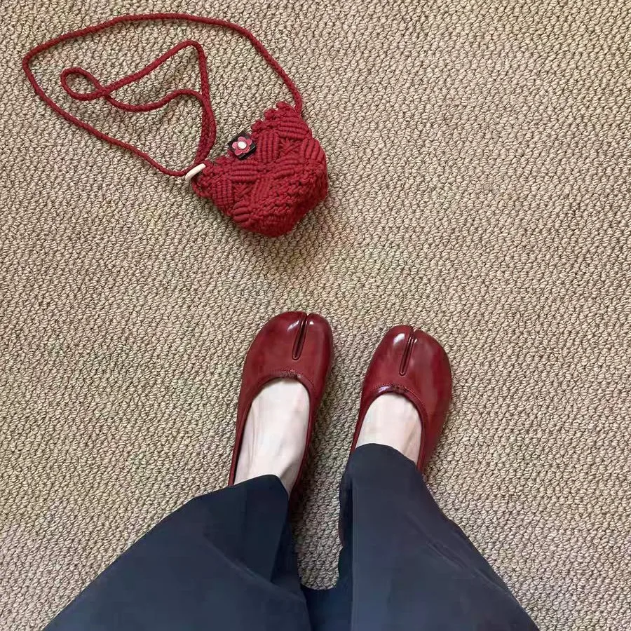 

Женские винтажные кожаные туфли Мэри Джейн с раздельным носком, удобные мягкие кожаные балетки с китайским узлом, для повседневной носки