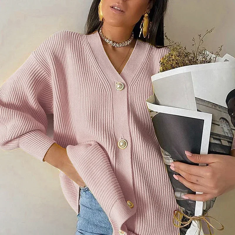 Casual V-Neck Knitted Cardigan Women Autumn Winter Lantern Sleeve Button Female Cardigan Fashion Ladies Oversize Sweater White