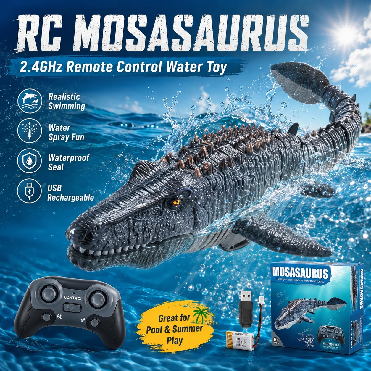 RC Mosasaurus Dinosaur Boat Toy 2.4GHz Remote Control Water Dinosaur Ship Electric Swimming Toy for Kids Boys Outdoor Pool Gift