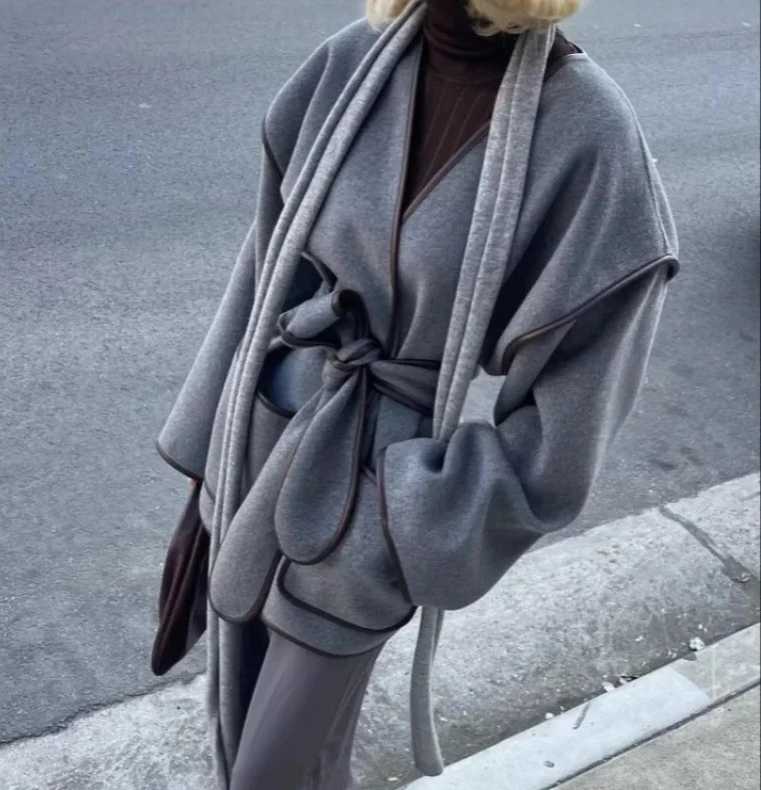 

Casual-chic Double-sided Woolen Coat Vintage Stylish Outerwear Tie Loose Sophisticated
