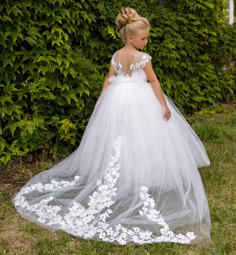 First Communion Dresses Long Length Tulle Lace Decal Princess Flower Girl Dress Wedding Party Ball Gown Kids Surprise Present