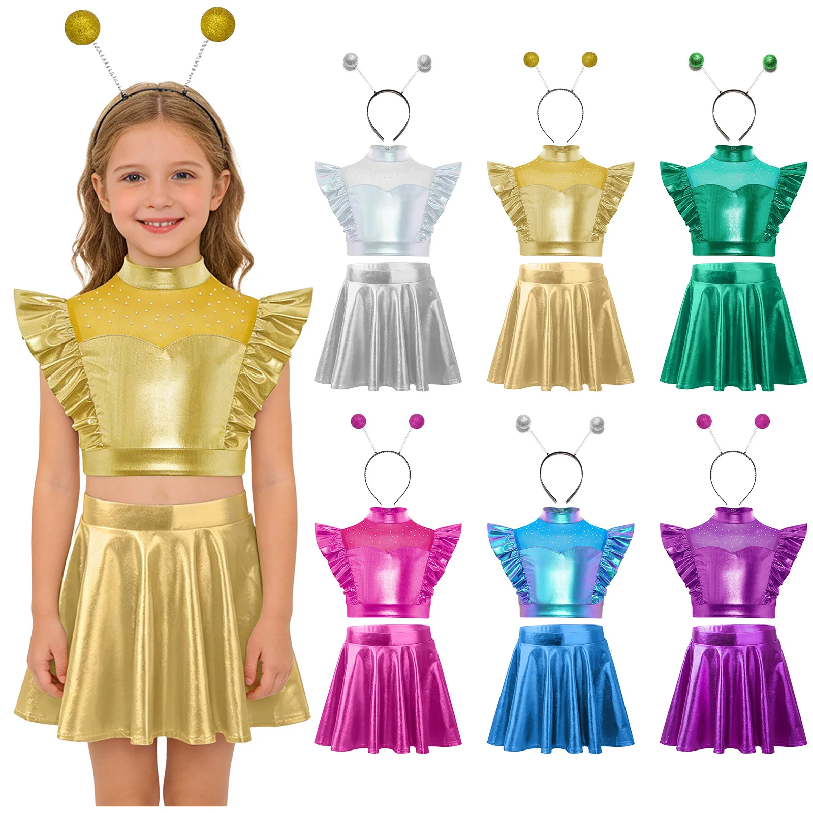 Alien Costume Girls Cosplay Outerspace Robot Astronaut Outfits Rhinestones Ruffle Metallic Crop Tops And A-line Skirt Hair Hoop