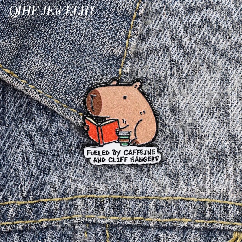 Capybara Reading Cartoon Enamel Pin Capybara Fueled by Caffeine & Cliff Hangers Brooch Backpack Lapel Badge Jewelry Friend Gift