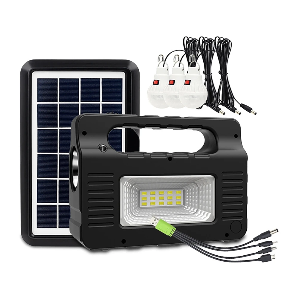 Solar Outdoor Portable Lighting Power Supply System USB/TF Card Playback bluetooth Speaker Radio Flashlight with 3pcs LED bulbs