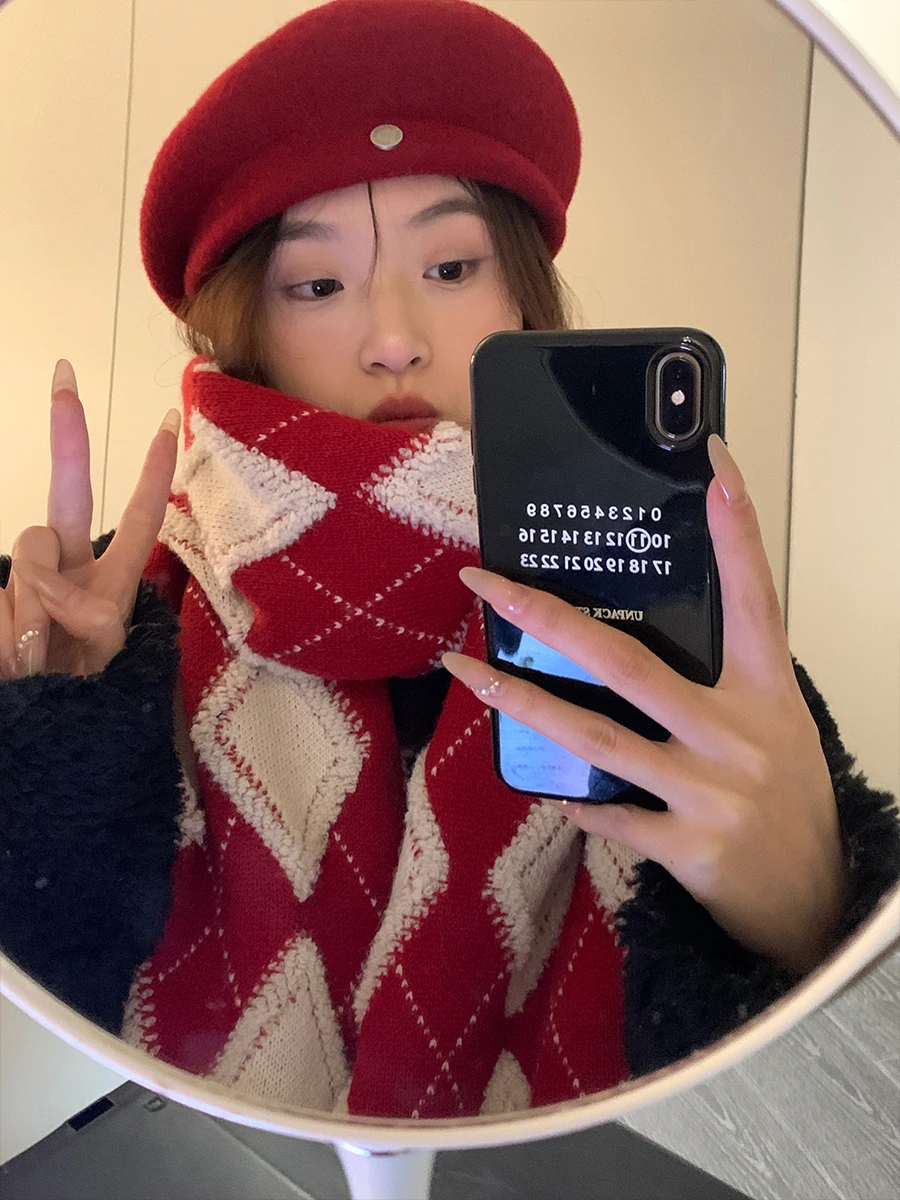 Knitted Scarf Women Winter New Korean Version Red Warm Windproof Cold-Proof Versatile Luxury