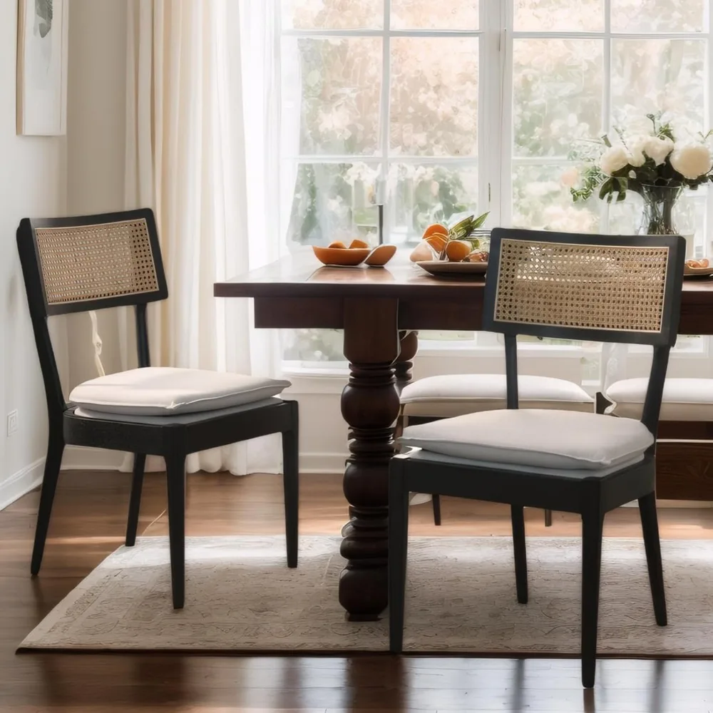 Rattan Dining Chairs ,Mid Century Modern Black Wooden Cane Back Chairs with Removable Linen Cushion ,Retro Farmhouse Upholstered