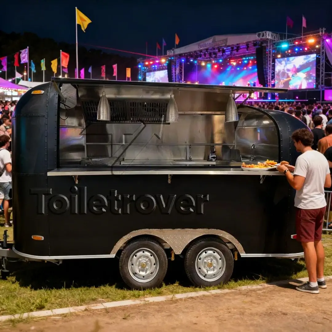 

Outdoor Food Trailer Black Streamlined Industrial Style Food Serving Stand Mobile Kitchen Trailer