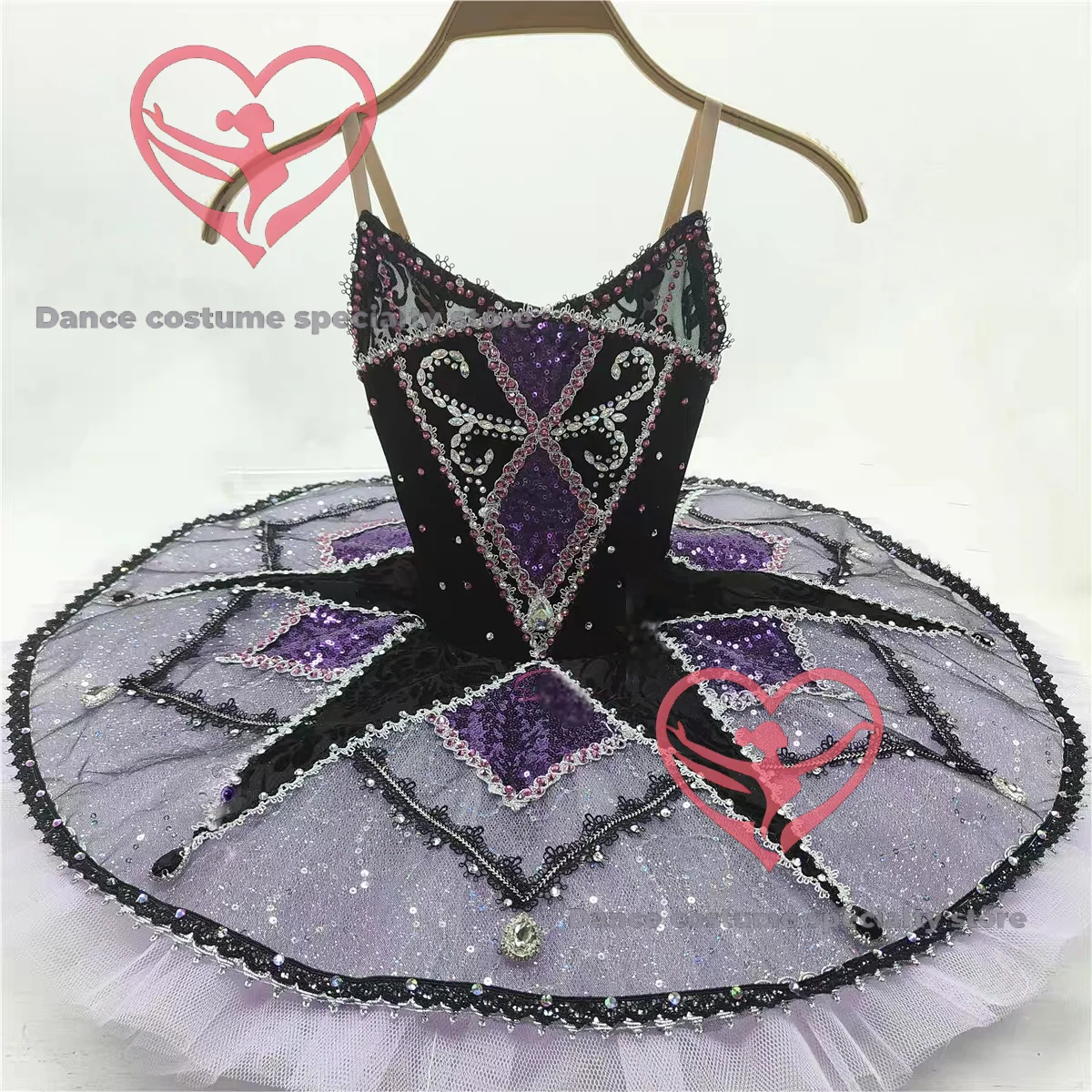 Black Million Clown Ballet Performance Costume, Pan Skirt Tutu, Custom Competition Outfit for Adults and Children