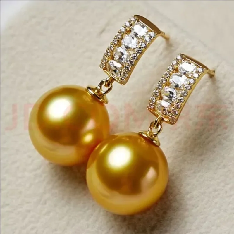 

Pair of 11-12mm Genuine Gold Round Pearl Dangle Earrings for Women Simple Wedding Party Jewelry Accessories Dangle ,hook Stud