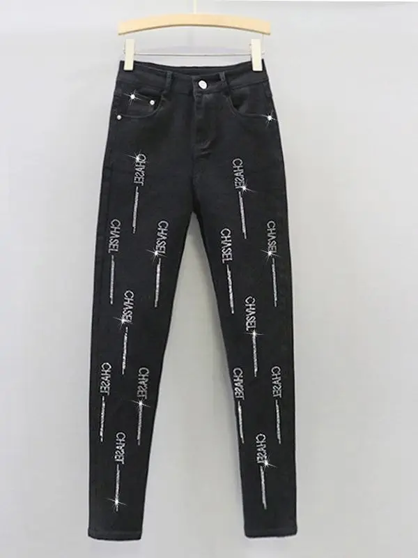 

Fashionable High-Waist Slim Fit Denim Jeans Women's Spring Summer New Style Rhinestone Embellished Elastic Skinny Pants