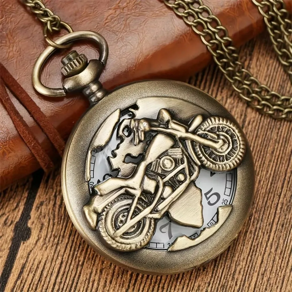 Vintage Motorcycle Pocket Watch with Necklace Chain Unique Gift Quartz Watch Bronze Retro Watch for Motorcycle Enthusiasts