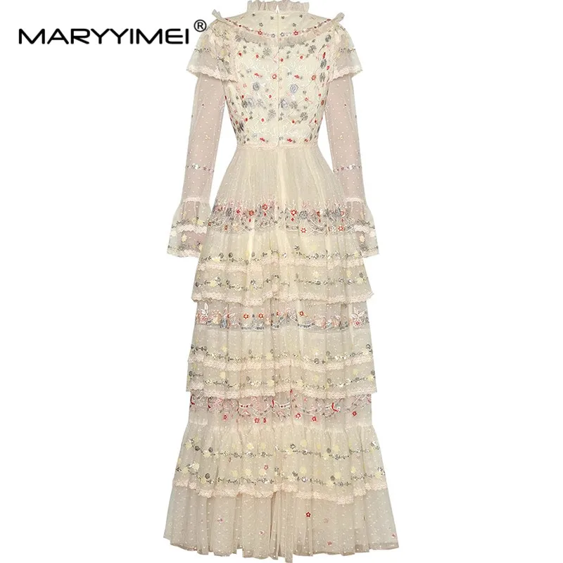 MARYYIMEI Vintage damska suknia balowa sukienka jesienna stójka rozszerzane rękawy siatkowy cekinowy haft projekt S-XXXXL długie sukienki