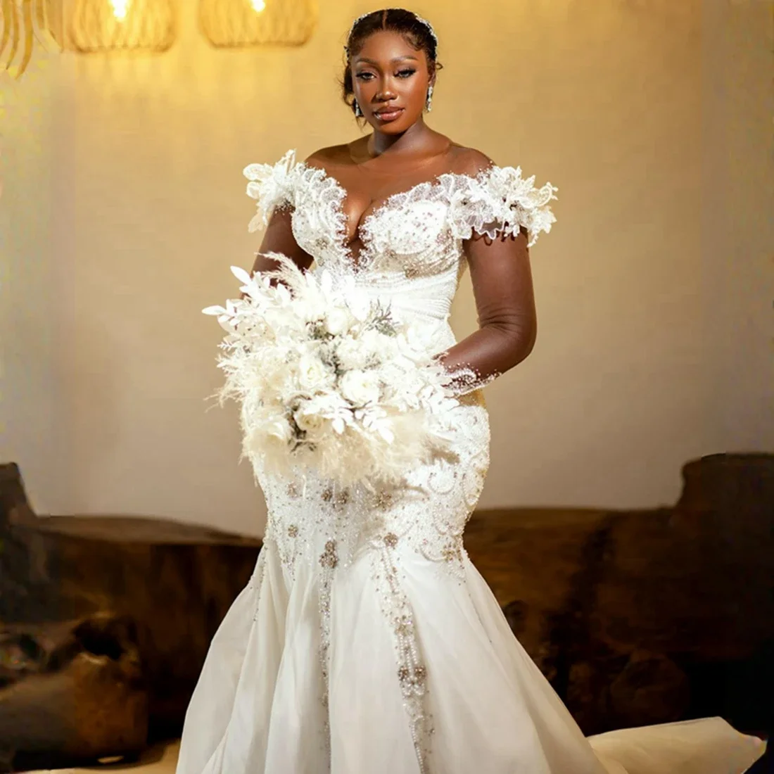 Customized Off the Shoulder Shinny Beads Crystals   Wedding Dress For Bride Vestidos De Novia Corset Back Garden  Bridal Gown