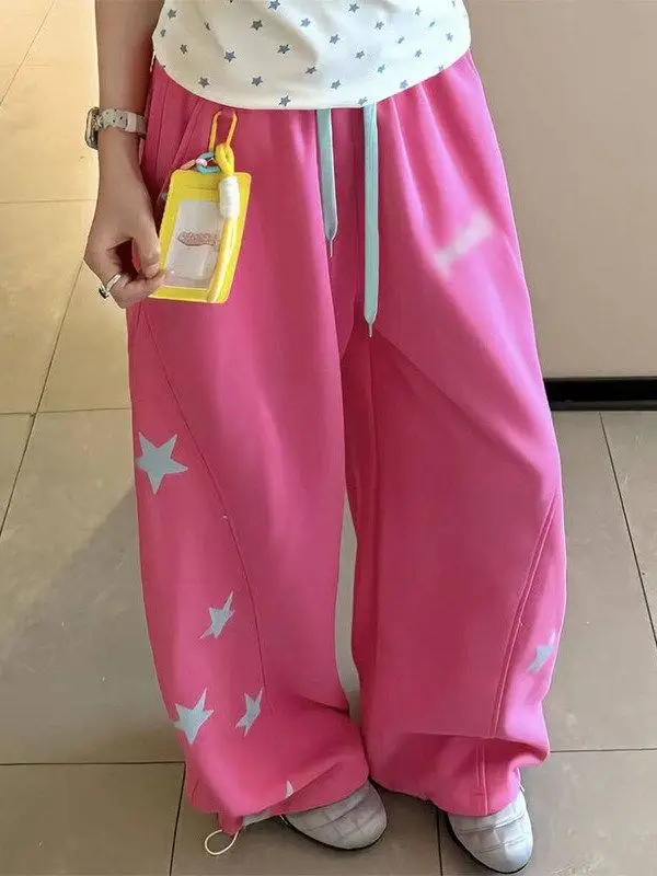 

plus Size 300 Pounds American Street Style Star Print Wide Leg Pants Women Summer Loose Floor Length Pants Casual High Waist ...