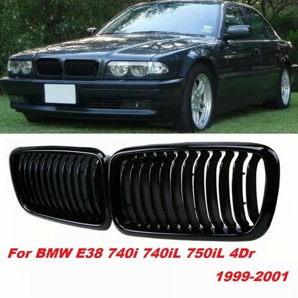 

For BMW 7 Series E38 4-Door Sedan 1999-2001 Front Kidney Racing Grille 1 Pair Glossy Black Grill Single Slat Cover
