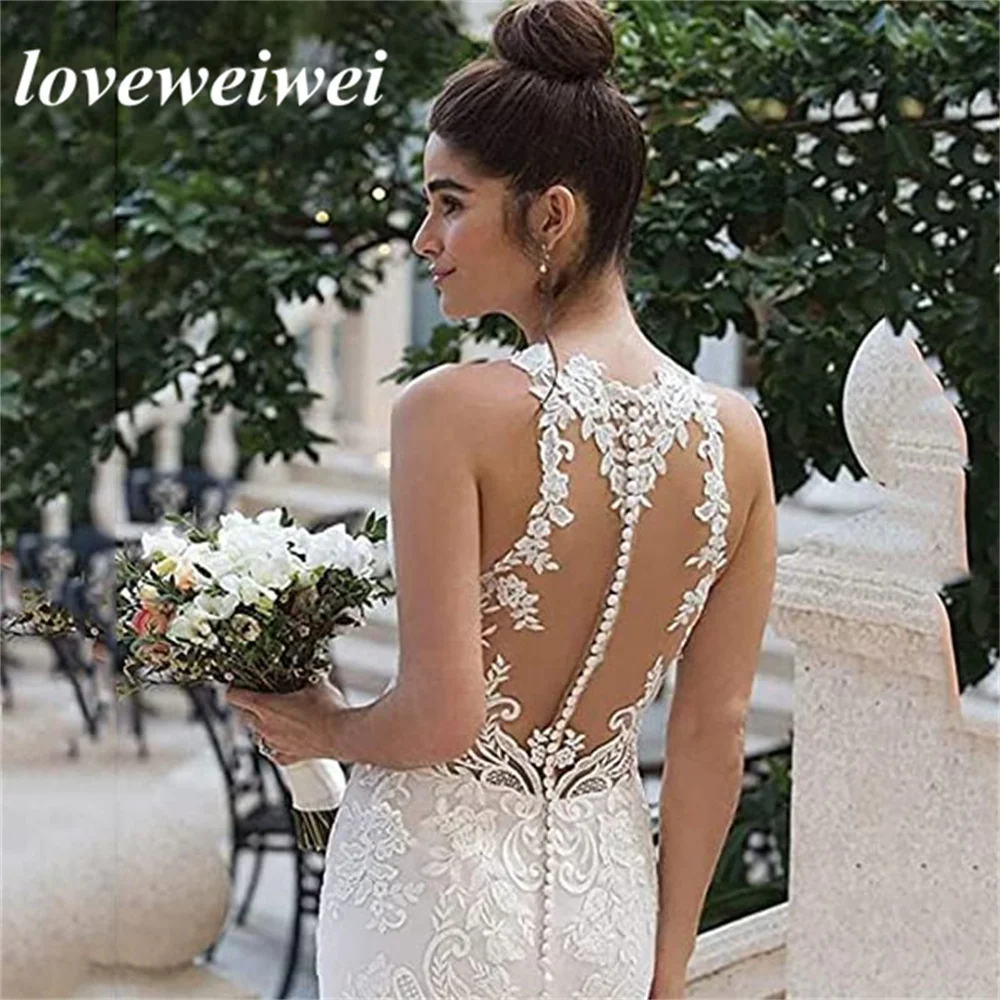 Branco Elegante Appliqued Vestidos de casamento Sheer Back Sereia Vintage Lace Noiva Vestido A linha Long Train Vestidos De Novia Para Mulheres