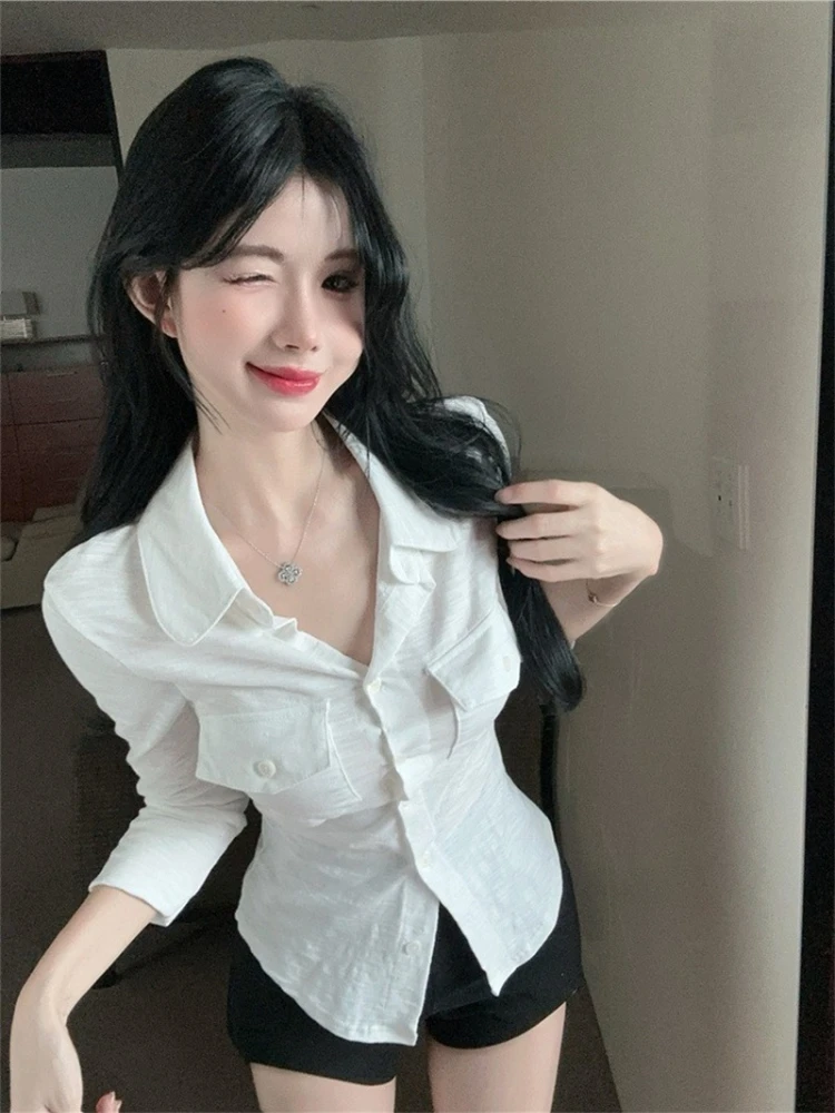 Womens Polo Collar Long Sleeve Shirt Summer Slim Fit Sweet Chic Top Unique Design Casual Blouse Fashion