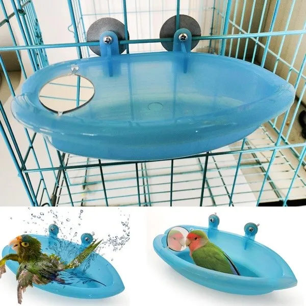 Bird Water Bath Tub For Pet Cage Hanging Bowl Parrot Parakeet Bird Bath+Mirror Birdbath Bird Cage Accessory