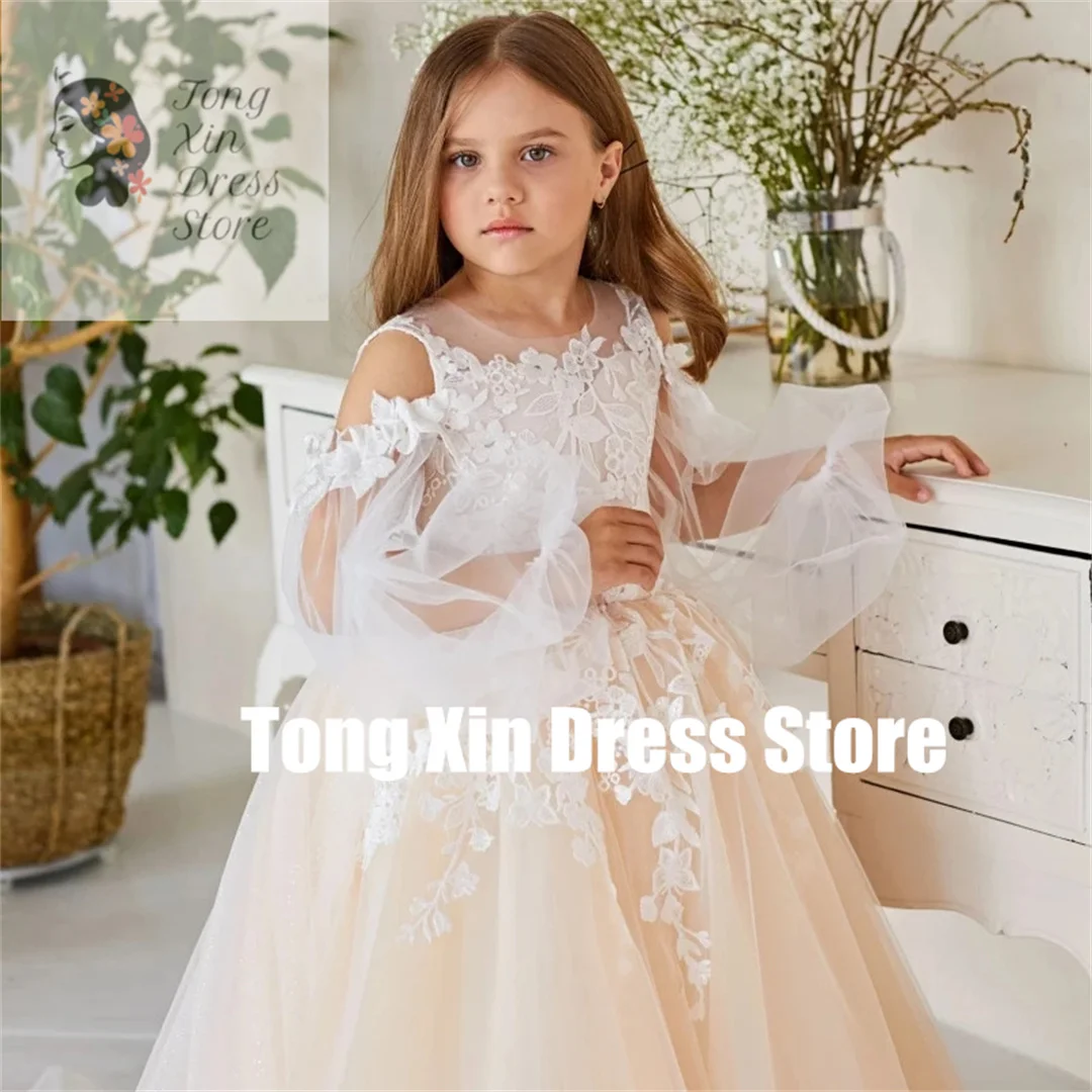 Customized Flower Girl Dresses Champagne Tulle White Flory Appliques With Trailing Long Sleeve For Wedding Birthday Holy Communi