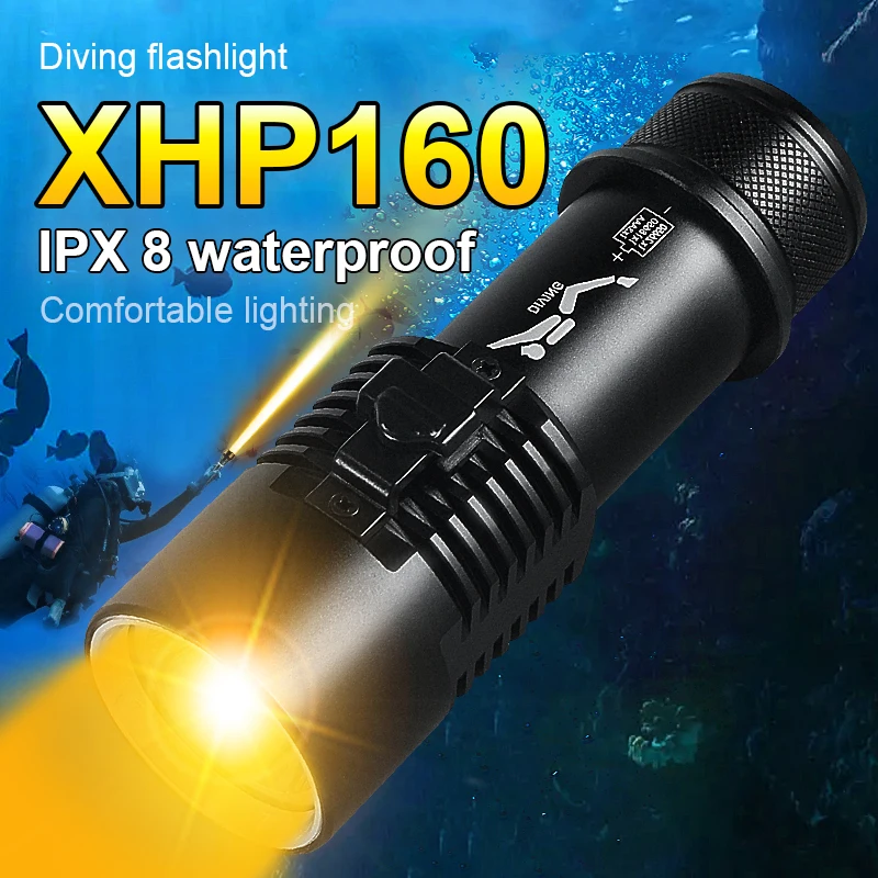 

Super Bright Profession XHP160 Diving Flashlight Powerful Underwater LEDs Torch Rechargeable Yellow Hand Lamp Waterproof Lantern