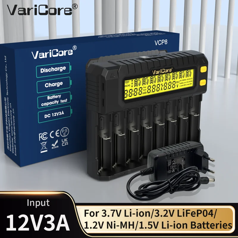 VariCore VCP8 LCD شاحن سريع ل 18650 21700 26650 3.7 فولت ليثيوم أيون 1.2 فولت ni-mh 1.5 فولت ليثيوم أيون 3.2 فولت LiFePO4 بطارية مع اختبار القدرة