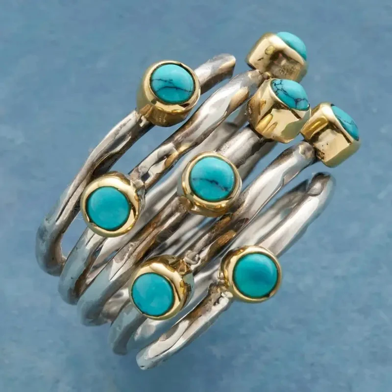 Huitan Bohemia Blue Imitation Turquoise Rings for Women Two Tone Multi-layers Rings Daily Wear Party Boho Female Jewelry Gift
