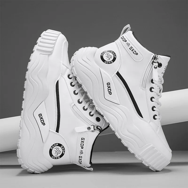 Men High Top White Leather Sneakers A/W 2026, Thick Sole Height Boost Non-slip Durable All-match Daily Casual Sports Shoes view 2