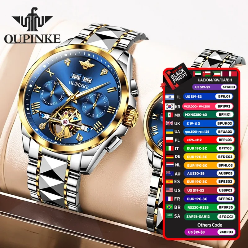 OUPINKE Classic Tourbillon Couple Watch Luxury Automatic Mechanical Wrist Watch Gifts For Women Wterproof Date Moon Display 3202