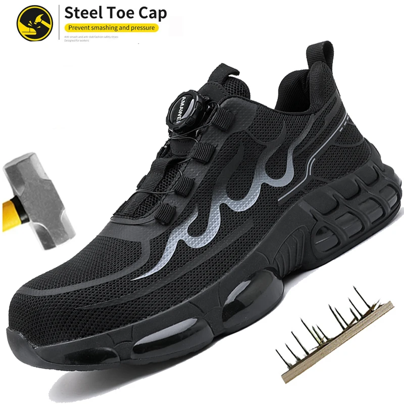 

Рабочие ботинки со стальным носком, мужские защитные ботинки с носком, противоударная, устойчивая к проколам защитная обувь, нескользящие рабочие кроссовки с поворотной кнопкой, черные
