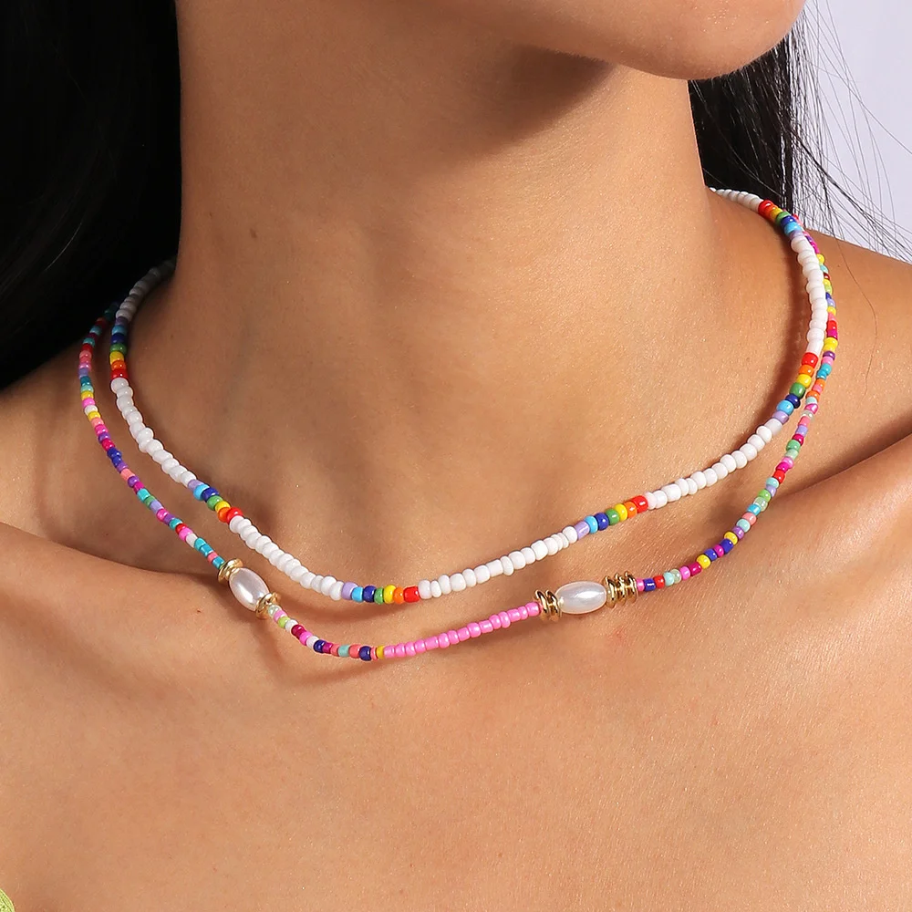 New Boho Fashion Ethnic Style Colored Artificial Pearl Rice Bead Chain Set Necklace For Women Female Vintage Punk Choker Jewelry