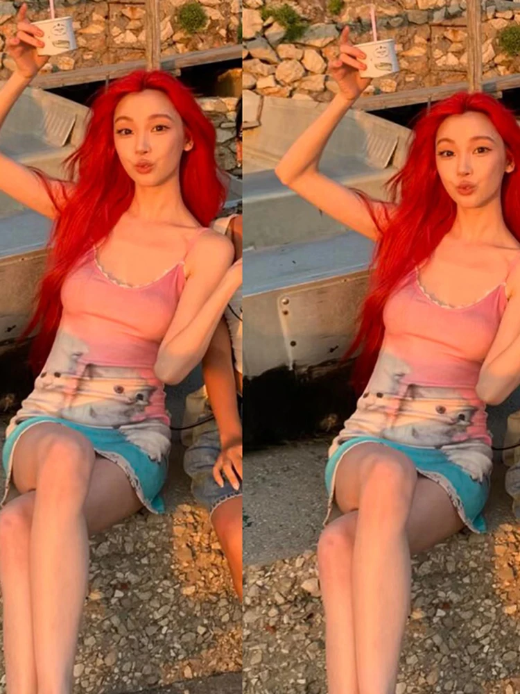 WEIRD PUSS Ele Print Color Blo Strap Dr Falda ajustada Faionable para mujer Fibra de poliéster No Sve Crew Ne