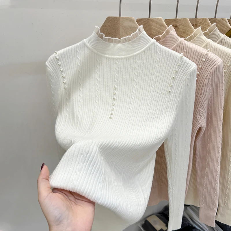 

Новинка 2025 года, джемпер с высоким воротником, женские вязаные блузки, модные женские свитера, зимние теплые осенние топы с длинными рукавами, базовые топы