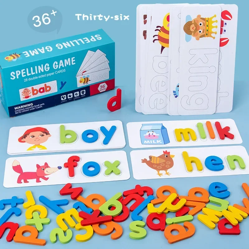 

28pcs Double Sided Puzzle Cards, 56 Words Jigsaw Puzzles, Wooden Puzzles And Word 26 English Letters Spelling Practice Cognitive