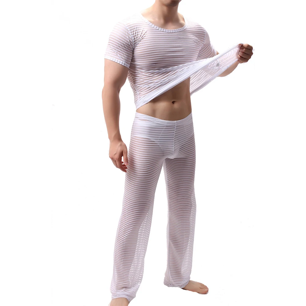 Mens Undershirts Short Sleeve Fitness T-Shirts Transparent Mesh Shirt Loose Pajama Pants Man Lounge Underwear Or Men Clothes Set